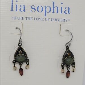 Lia Sophia Olive Green Teardrop Dangle Earrings with Gold Accents